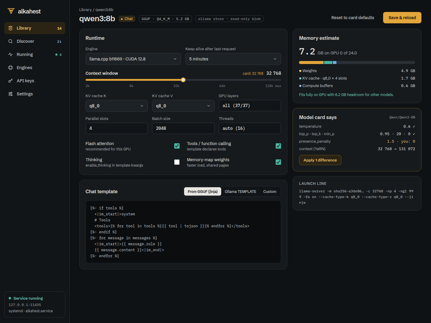 Model settings screen
