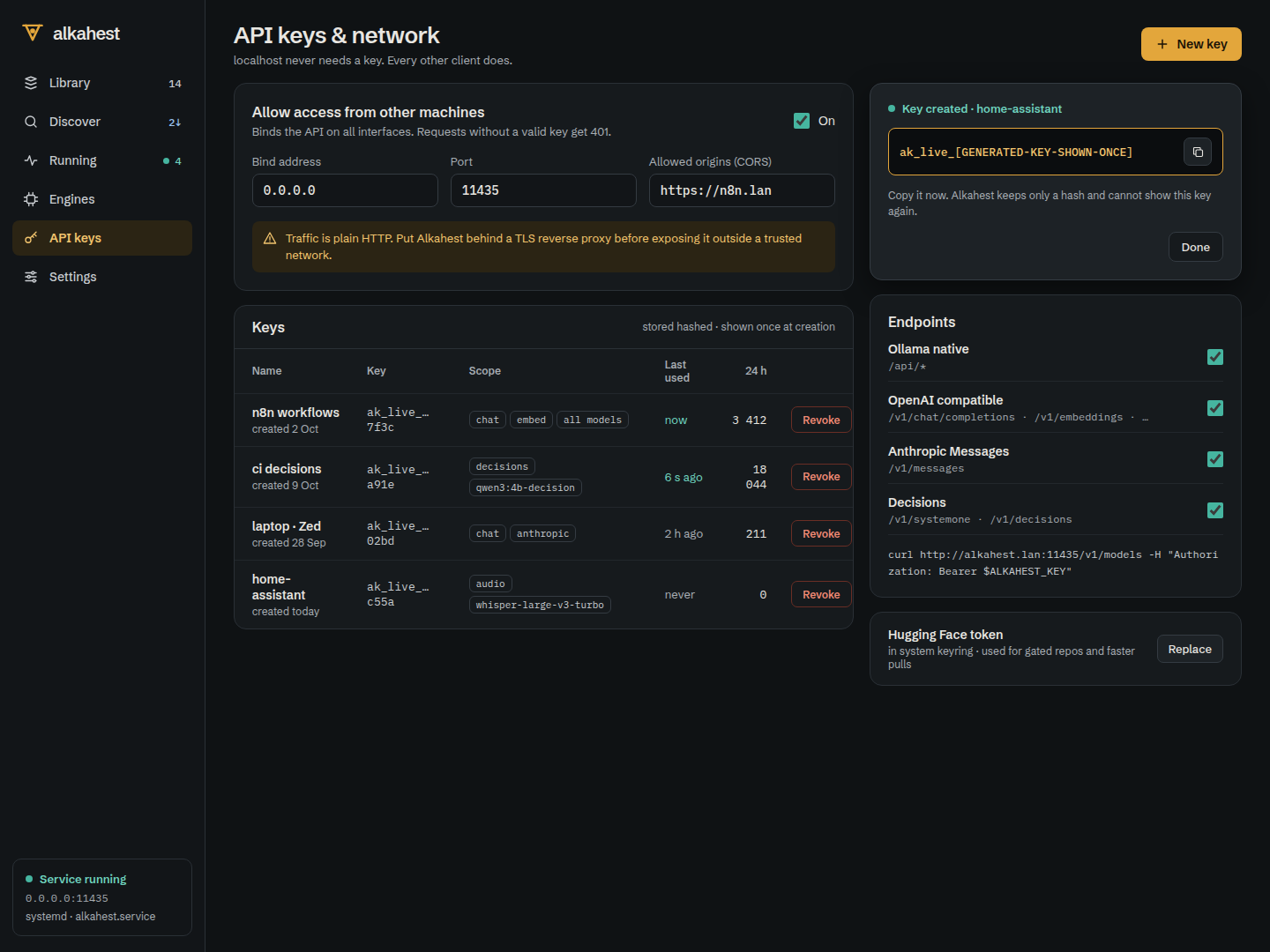 API keys screen