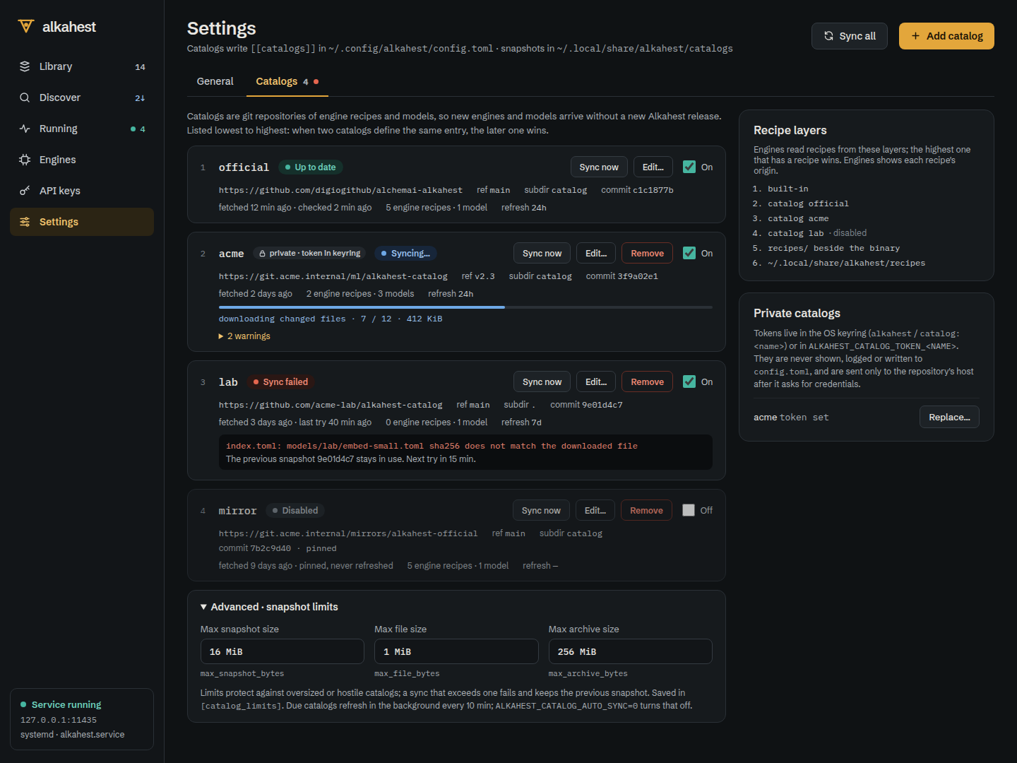 Catalog settings screen